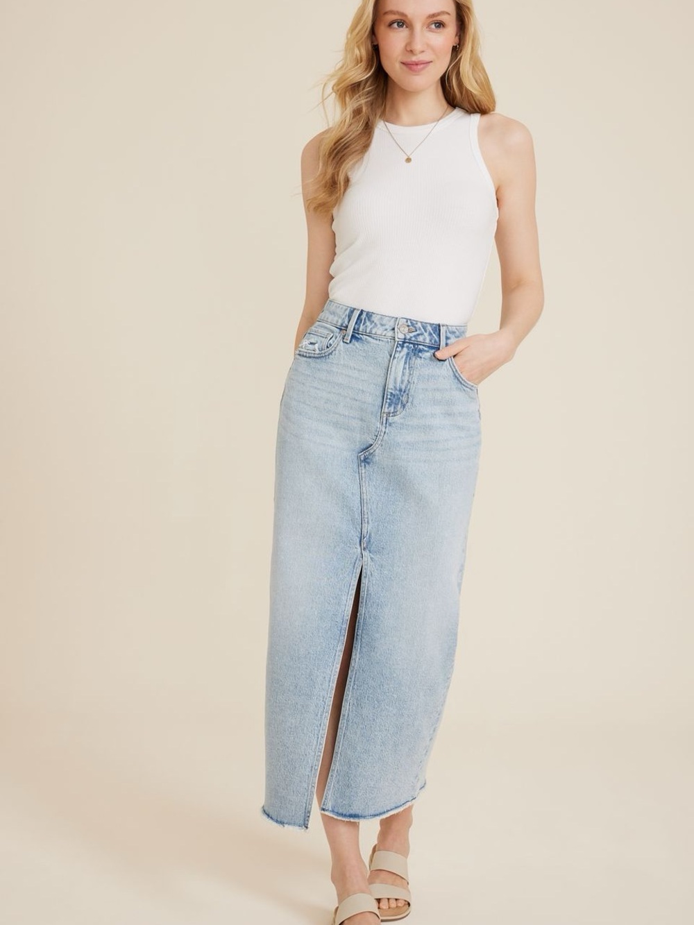 m jeans by Maurices High Rise Denim Maxi Skirt Light Wash Slit Frayed Size 10